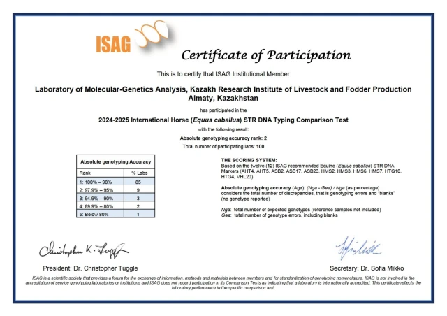 KRILF Laboratory Awarded ISAG International Certificate for Horse Genetic Testing